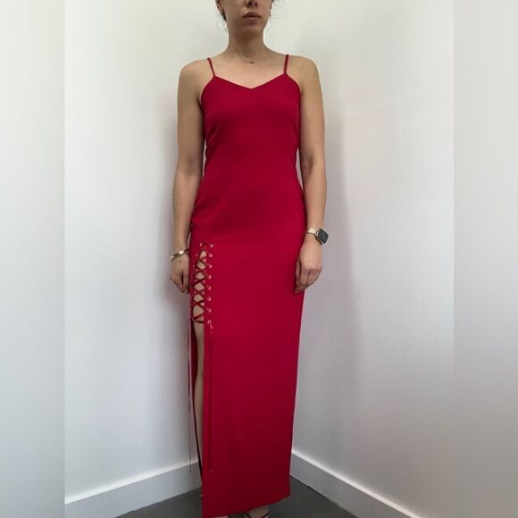 Vintage 90'S Red Spaghetti Strap High Front Leg Slit Lace Up Midi Dress Size S - Picture 1 of 10
